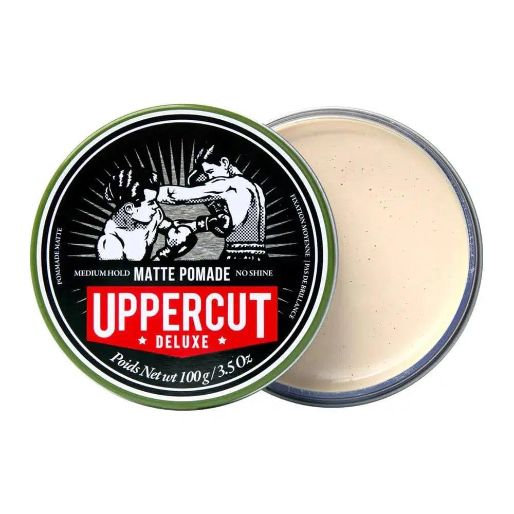 Uppercut Deluxe Matte Pomade 100g with medium hold and natural matte finish packaging.